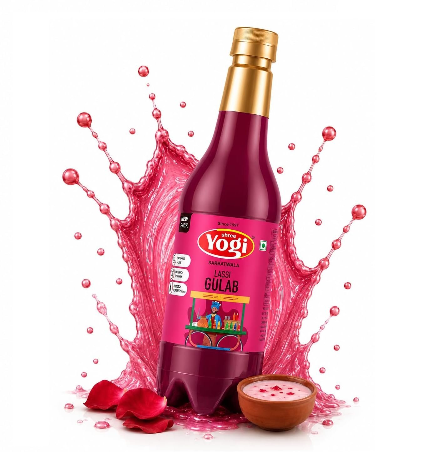 Rose Lassi Syrup for Milk, Lassi & Cold Drinks | Refreshing Aromatic Gulab Flavour Beverage Syrup | Natural Ingredients | Perfect for Falooda, Ice Cream, Ice Gola & Desserts | Perfect for Everyday | Makes 25 Glasses - 750 ml