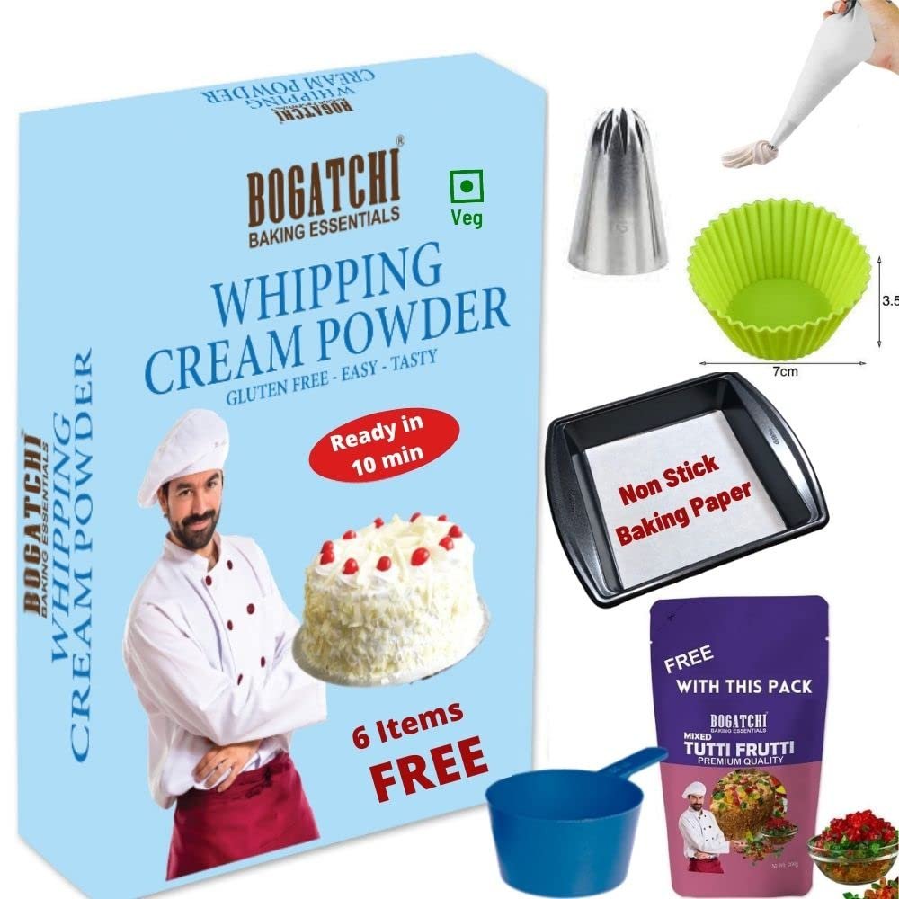 BOGATCHI Whipping Cream Powder, Tasty | Non GMO | Gluten Free, Whipping Cream for Cakes, Muffins, Cup Cakes, Tarts, Coffee, 180g , Free Measuring Spoon