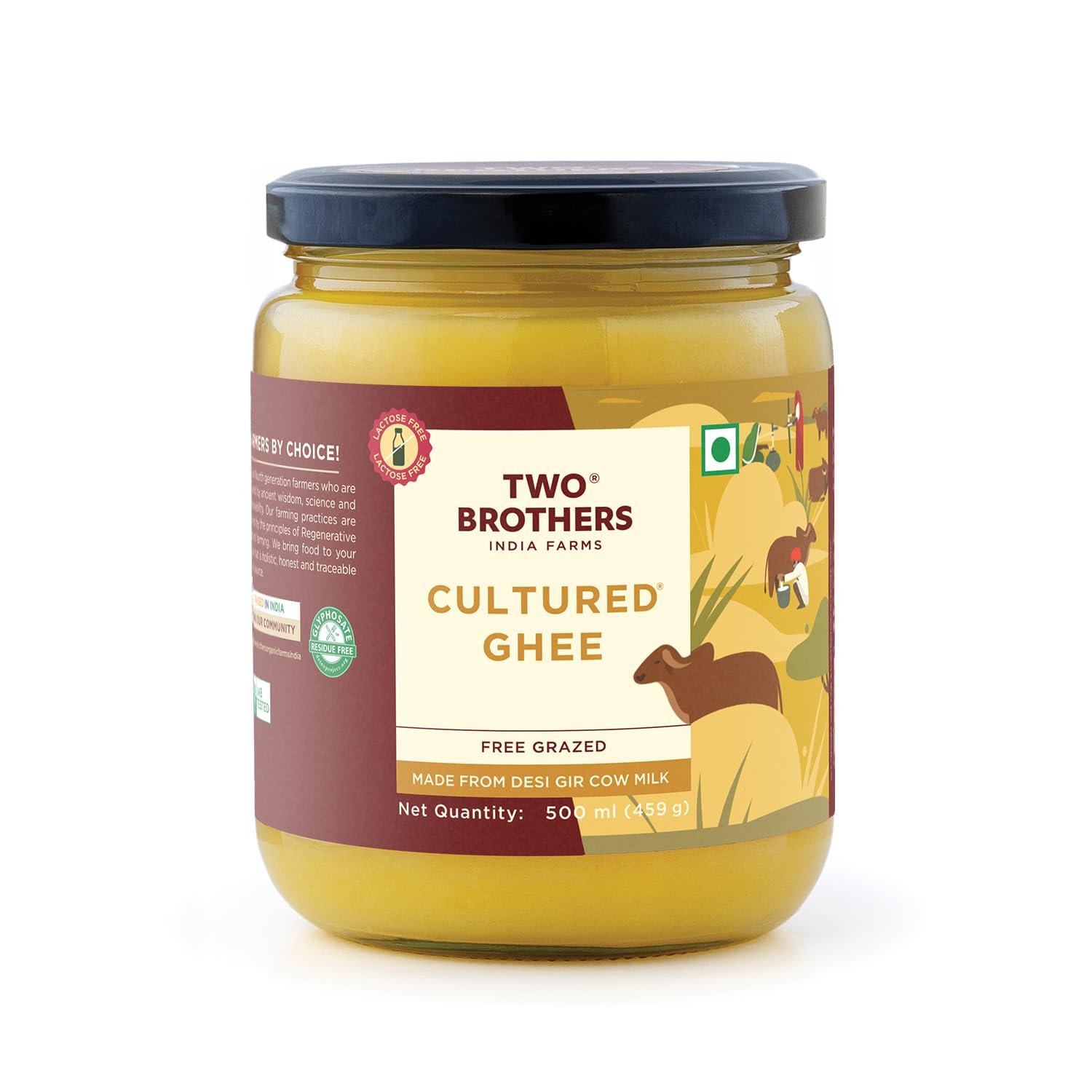 Two Brothers Pure Desi Gir Cow Cultured Ghee 500 ml | Free-grazed Desi Gir Cows | Bilona Method | Farm-Made with Probiotics for Gut Health | India's only Certified Glyphosate-Free ghee