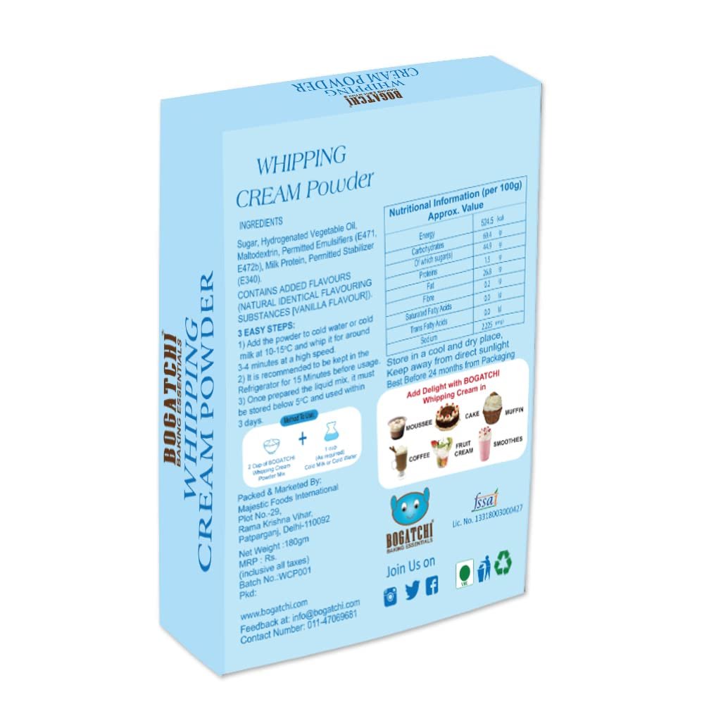 BOGATCHI Whipping Cream Powder, Tasty | Non GMO | Gluten Free, Whipping Cream for Cakes, Muffins, Cup Cakes, Tarts, Coffee, 180g , Free Measuring Spoon - Image 3