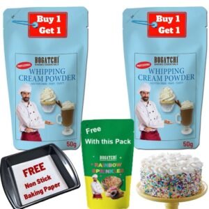 BOGATCHI Whipped Cream Powder for Cake | Premium | 50g + 50g Free | Extra Pack with Rainbow Sprinkler 25g