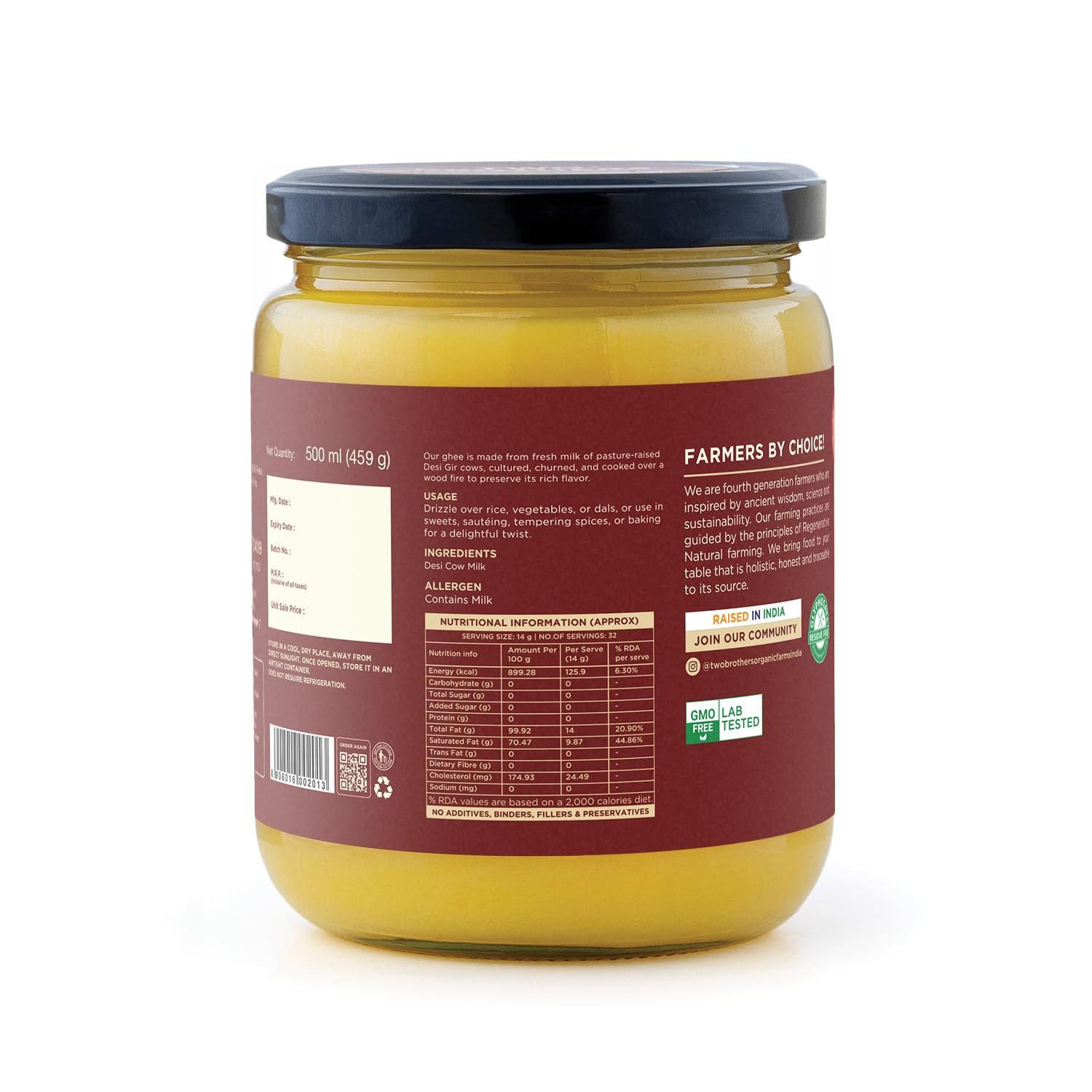 Two Brothers Pure Desi Gir Cow Cultured Ghee 500 ml | Free-grazed Desi Gir Cows | Bilona Method | Farm-Made with Probiotics for Gut Health | India's only Certified Glyphosate-Free ghee - Image 2