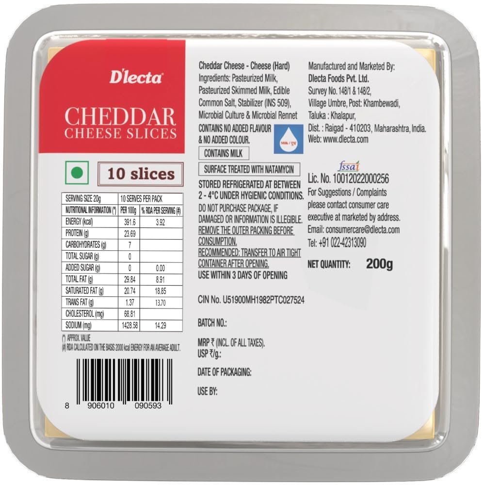 D’lecta 100% Cheddar Cheese Slices 200g – Easy Open & Resealable Pack - 10 Slices - Image 2