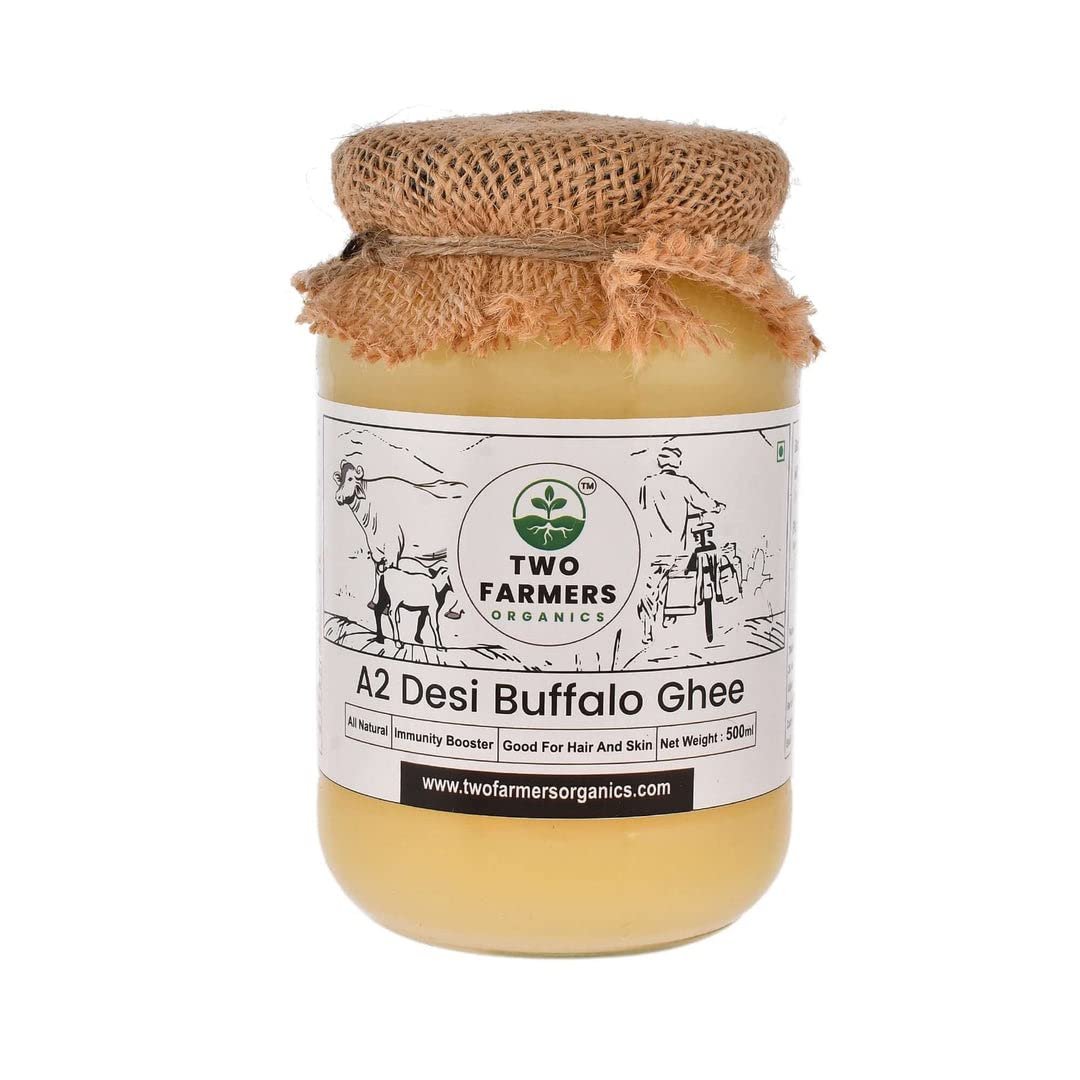 Two Farmers Organics A2 Buffalo Ghee | Bilona Method | 100% Natural & Preservative-Free | Rich in Calcium & Omega-3 | Desi Ghee for Cooking, Ayurveda & Wellness –500 ml Glass Jar