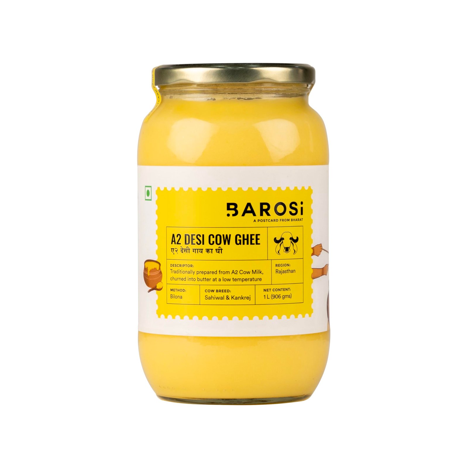BAROSI A2 Desi Cow Ghee 1L | Lab Tested | Grass-Fed | Bilona | Glass Jar