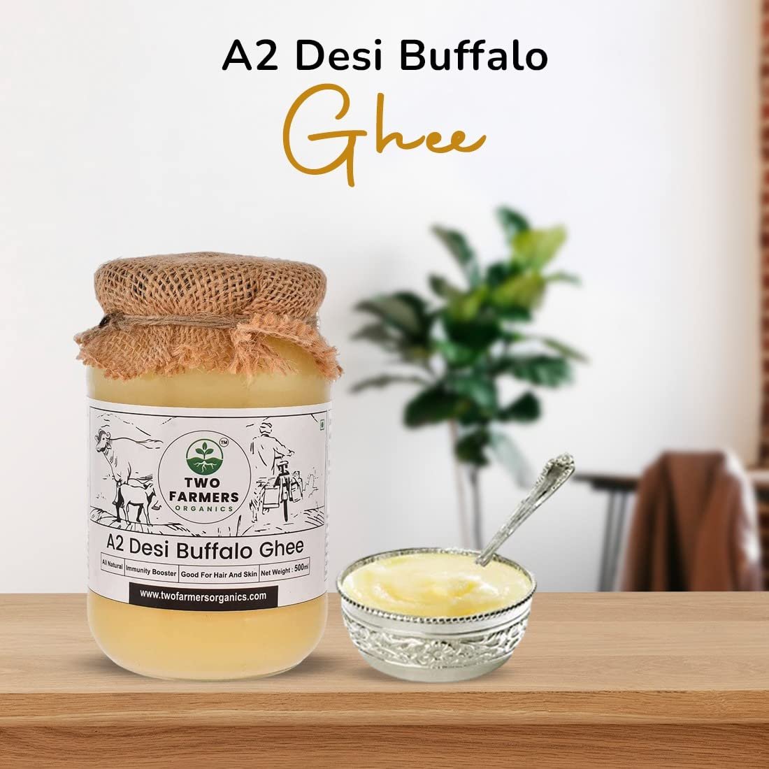 Two Farmers Organics A2 Buffalo Ghee | Bilona Method | 100% Natural & Preservative-Free | Rich in Calcium & Omega-3 | Desi Ghee for Cooking, Ayurveda & Wellness –500 ml Glass Jar - Image 6
