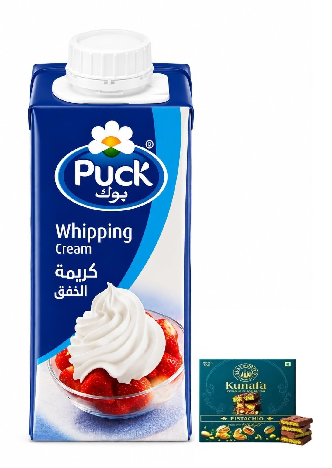 Puck's Whipping Cream Fresh Dairy Ideal for Desserts and Toppings Tetra Pack 200g with Free Flavourito Kunafa Pistachio Chocolate Bar, 20g By Decadent Foods