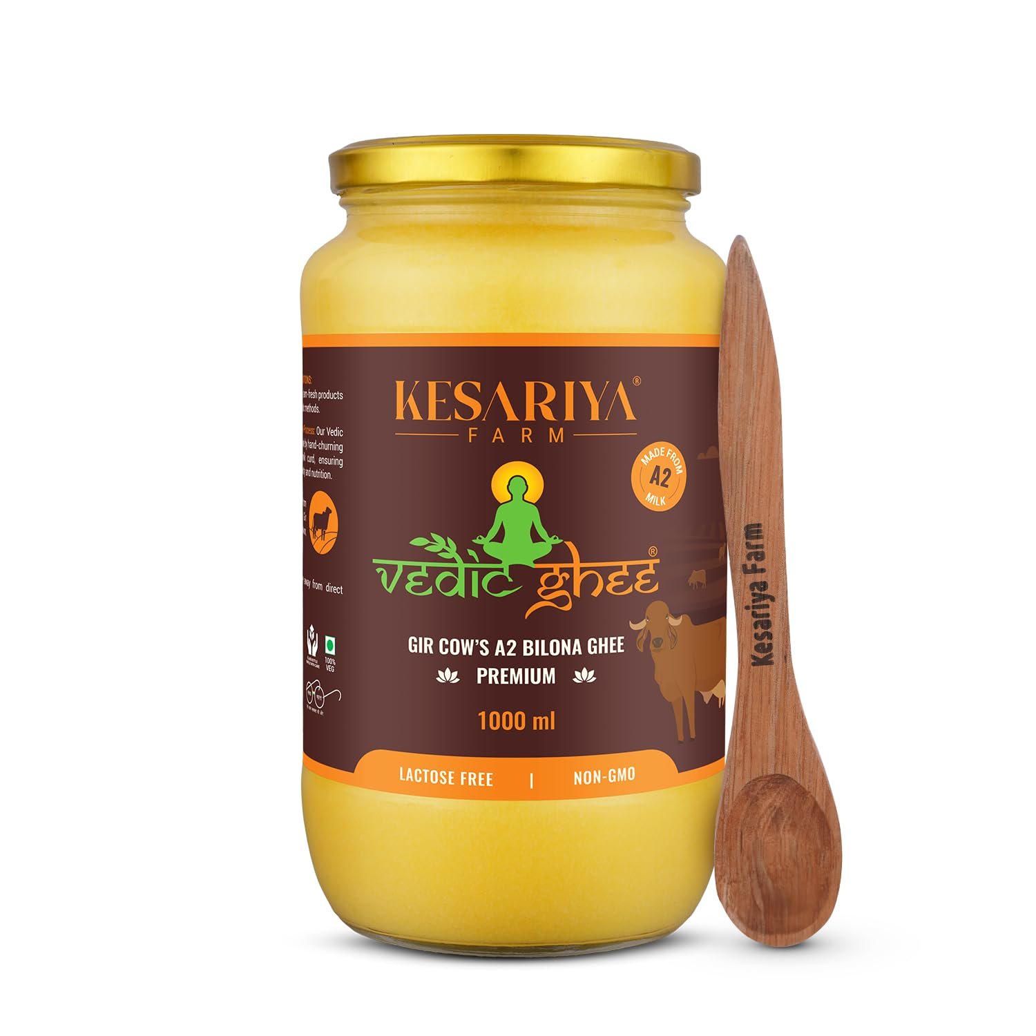 Vedic Ghee Premium A2 Gir Cow Cultured Desi Ghee from Kesariya Farm | Vedic Bilona Two Way Churned | Indian Gir Cow Ghee, Pure A2 Ghee, Natural & Healthy, Non-GMO | Lab Certified (1L)