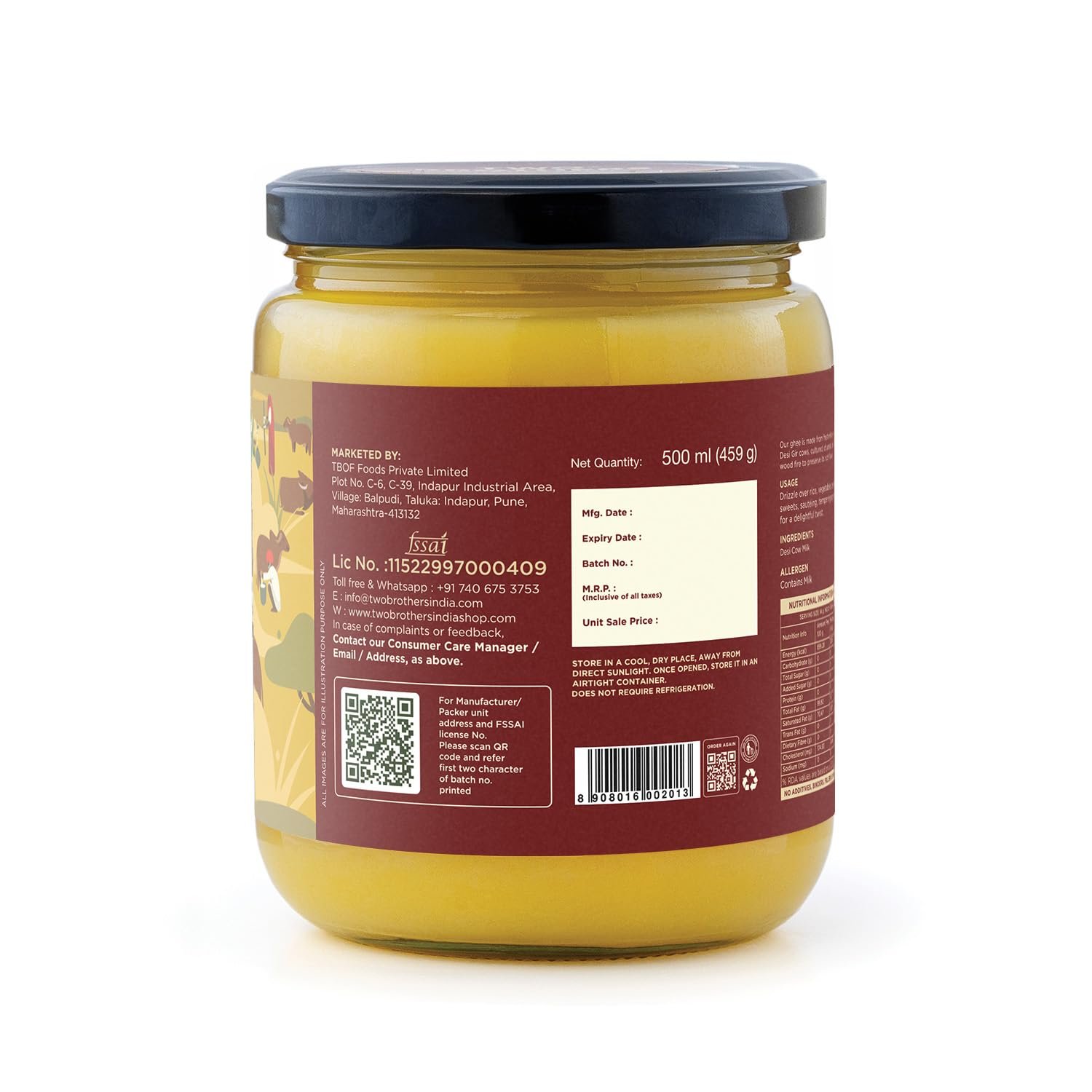 Two Brothers Pure Desi Gir Cow Cultured Ghee 500 ml | Free-grazed Desi Gir Cows | Bilona Method | Farm-Made with Probiotics for Gut Health | India's only Certified Glyphosate-Free ghee - Image 3