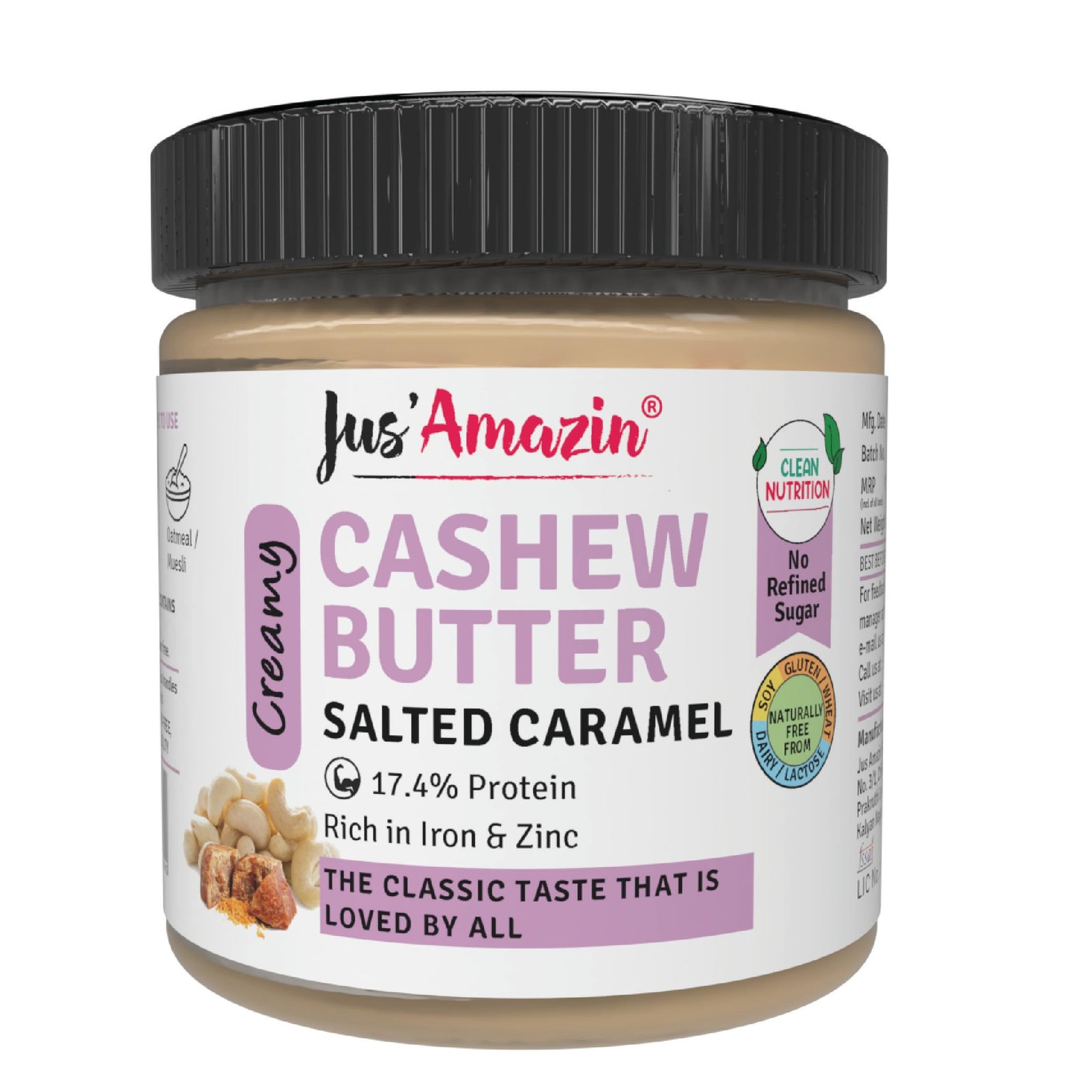 Jus' Amazin Creamy Cashew Butter – Salted Caramel (200g) | 17% Protein | Plant Based Nutrition | Zero Chemicals | Dairy Free | 100% Natural