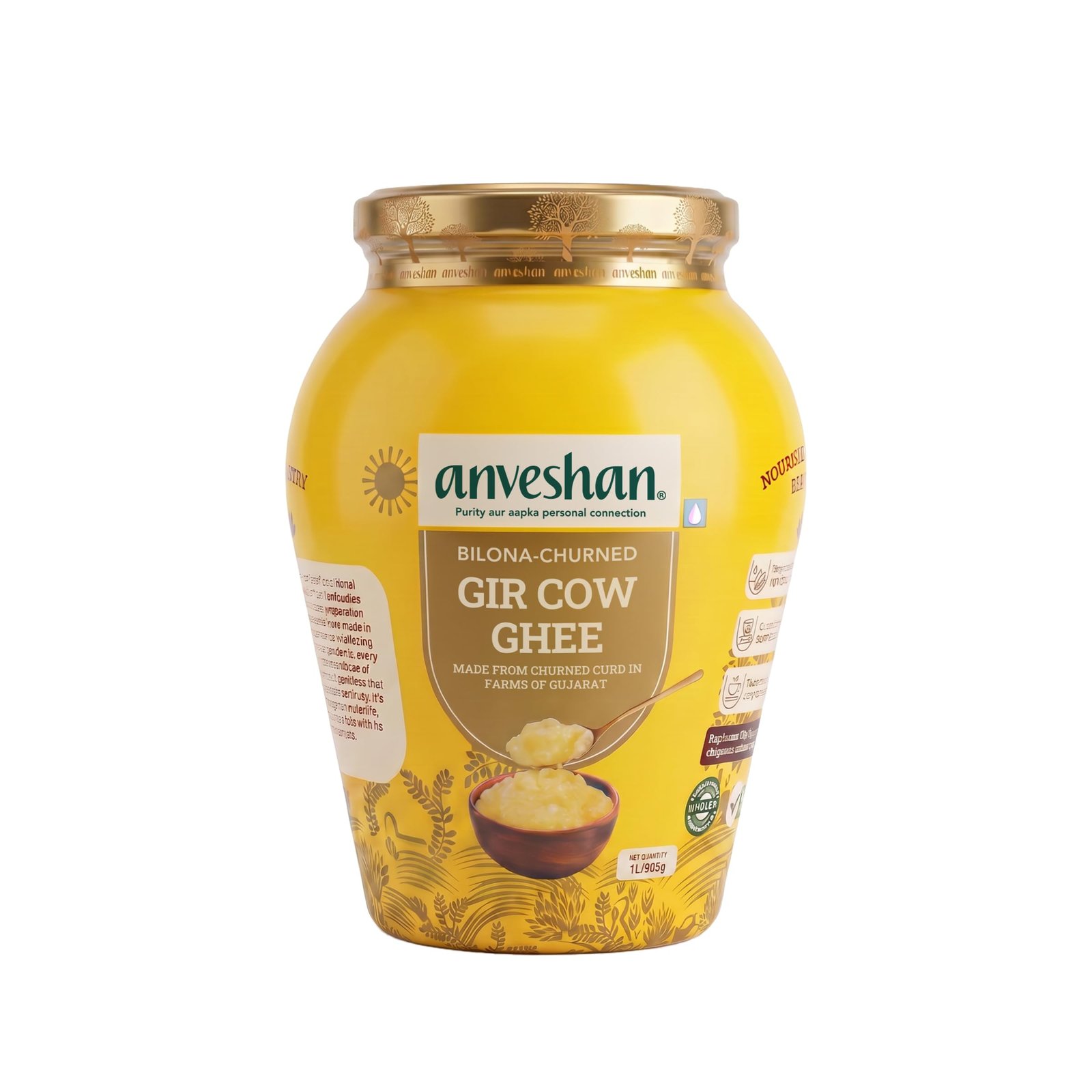 Anveshan A2 Gir Cow Ghee Bilona Method 1Liter, Traditional Bilona Method, Cultured, Immunity Booster, Pure, Natural, Healthy, Fresh, Lactose And Gluten Free
