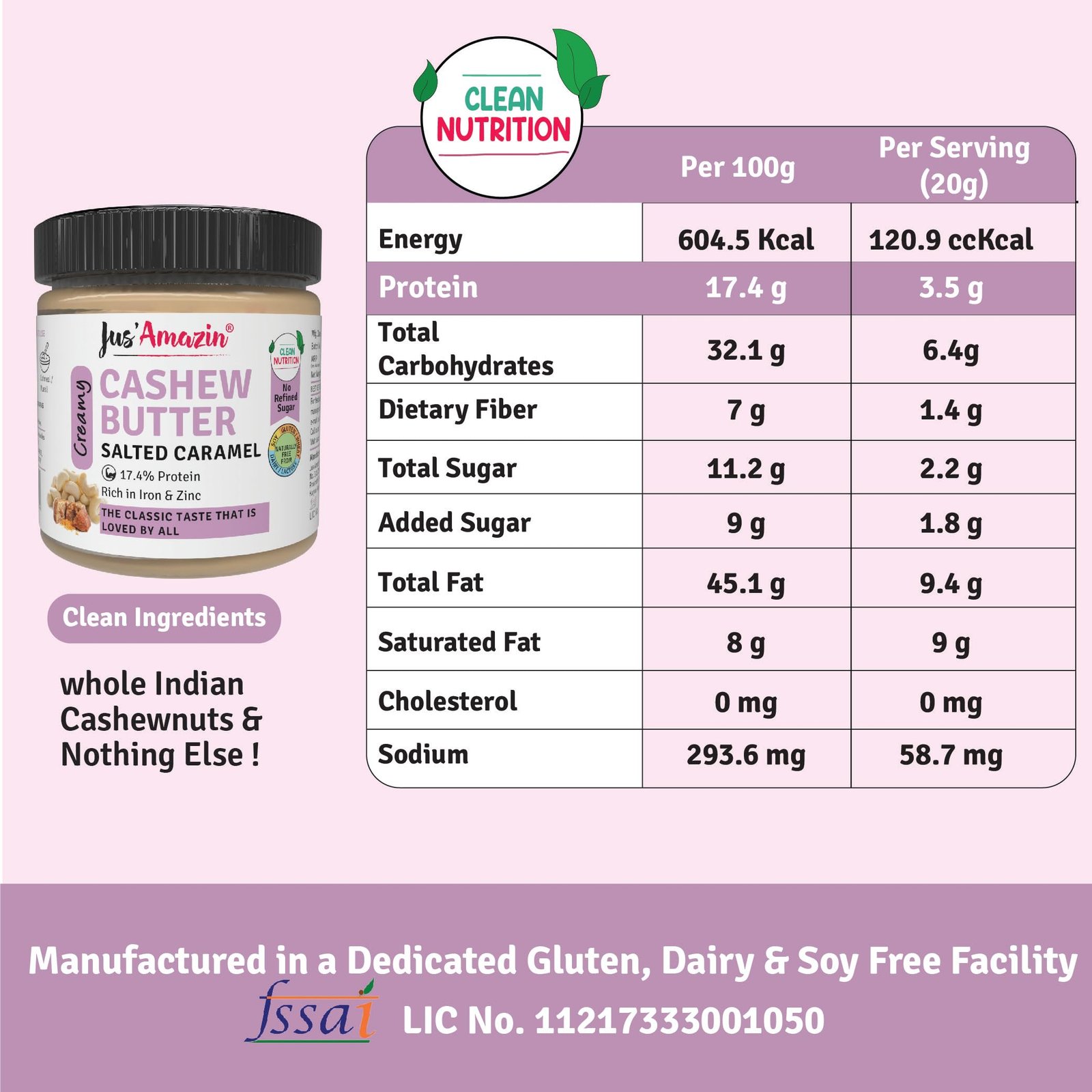 Jus' Amazin Creamy Cashew Butter – Salted Caramel (200g) | 17% Protein | Plant Based Nutrition | Zero Chemicals | Dairy Free | 100% Natural - Image 4