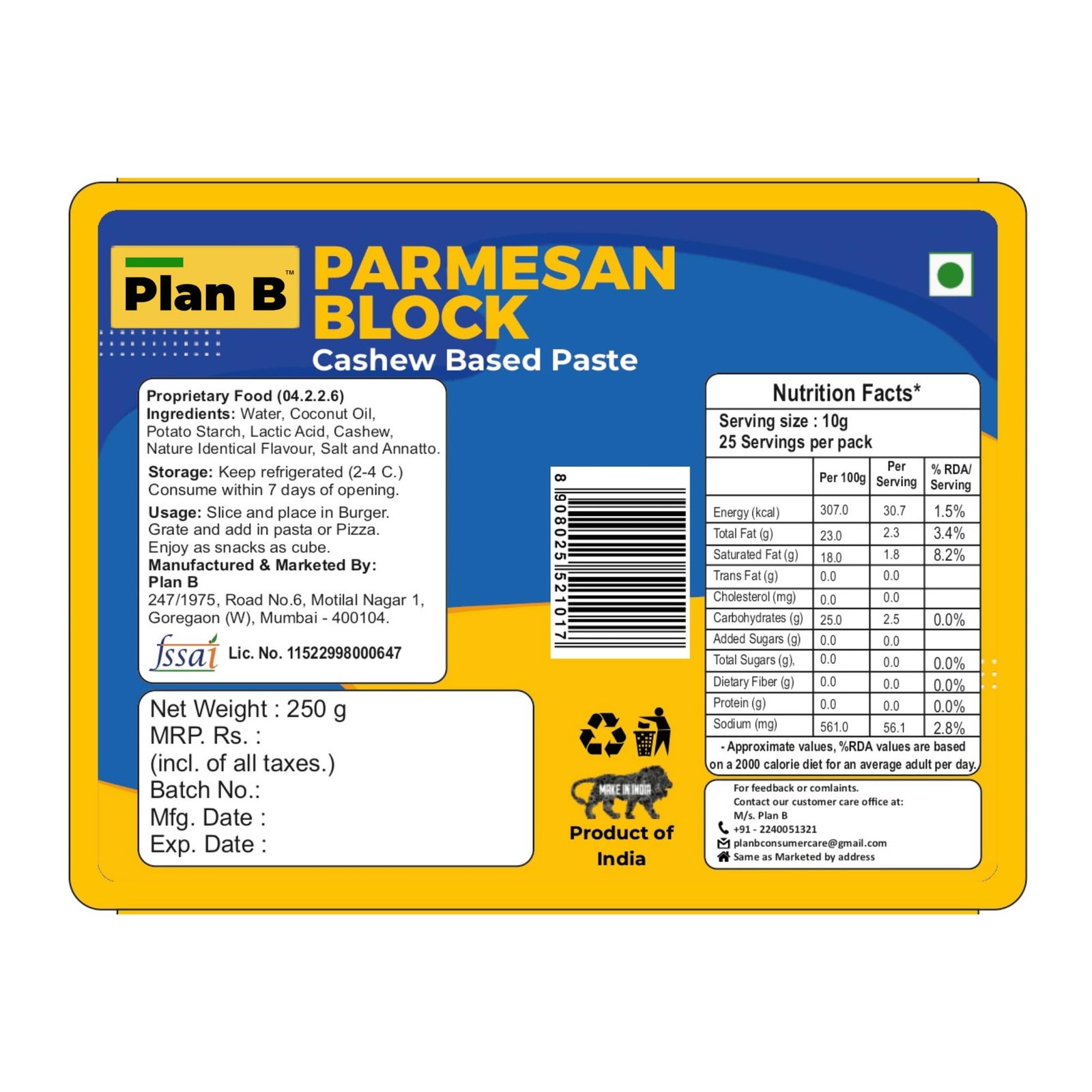 Plan B Plant-Based Parmesan Cheese Block 250g - Image 6