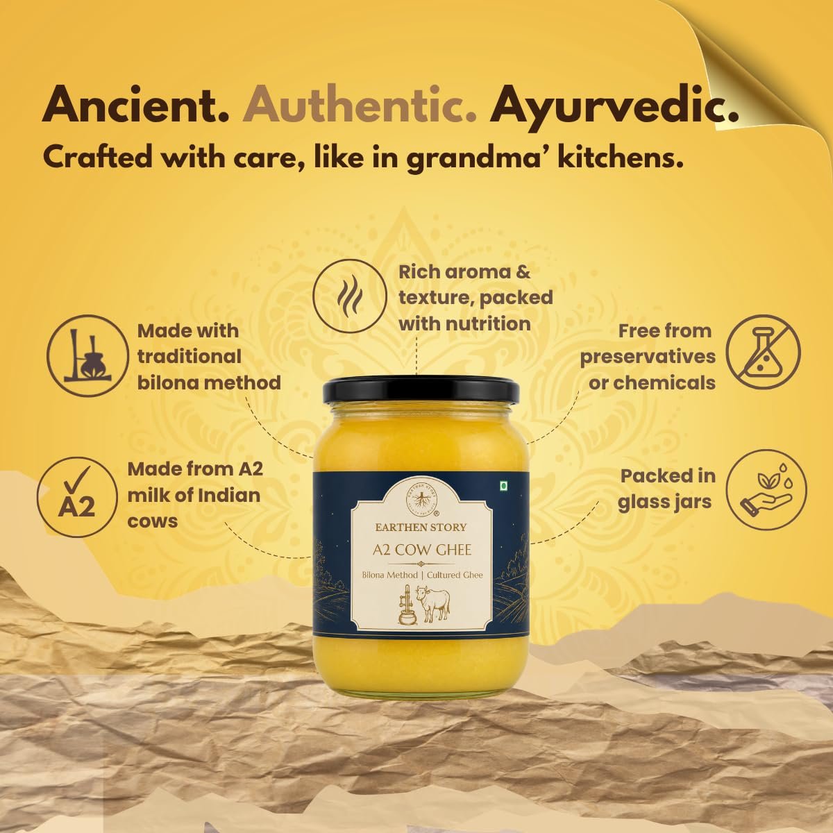 Earthen Story A2 Ghee from Desi Cow 1L | Lab Tested for 250+ Pesticides | Traditional Bilona Method from Curd | Pure Vedic A2 Cow Ghee in Glass Jar - Image 2