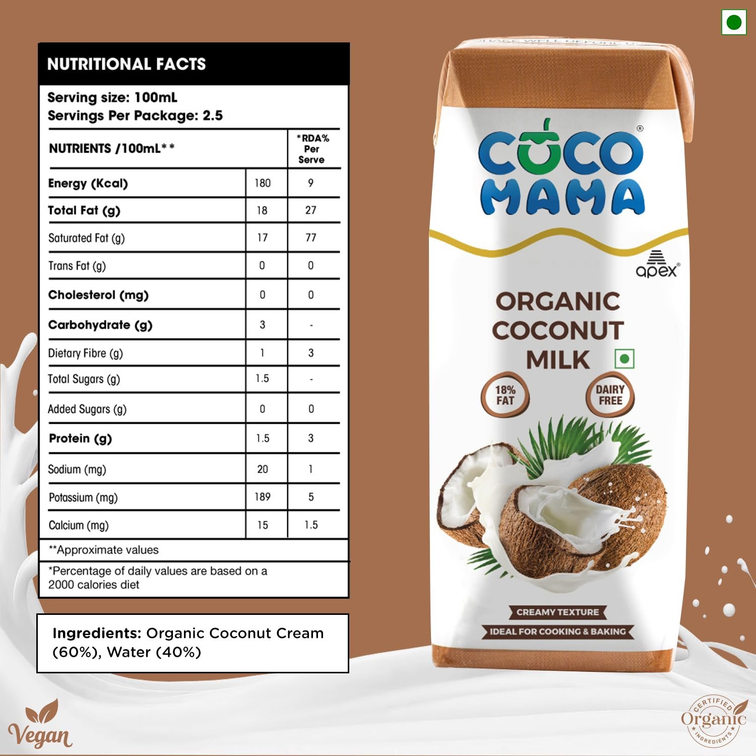 Coco Mama Organic Coconut Milk Dairy-Free,250 Ml|Pack Of 4|Rich & Creamy Texture|Enriched With Nutrients|Contains 18% Fat|No Added Artificial Sweeteners|Lactose-Free|Used For Cooking & Baking Purposes - Image 3