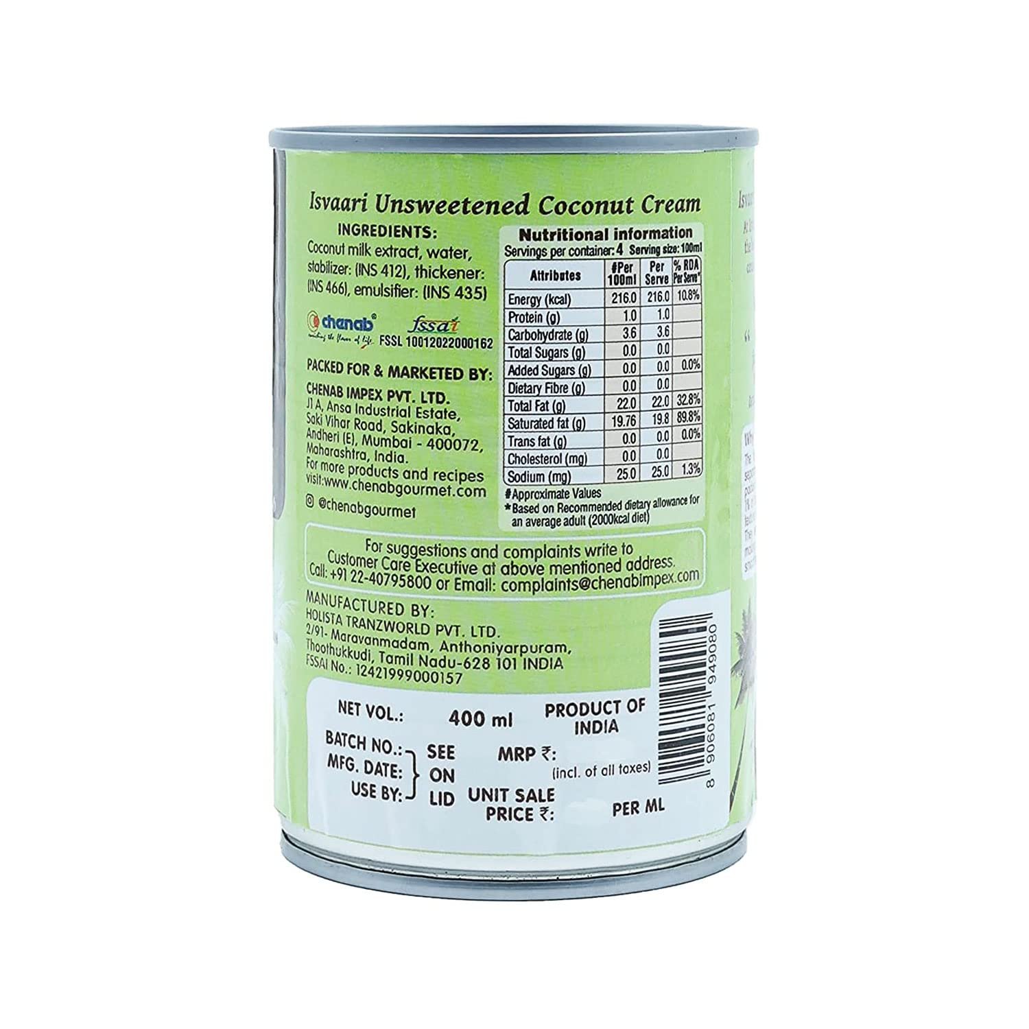 Isvaari Unsweetened Coconut Cream | Canned | 400ml | Pack of 2 - Image 2