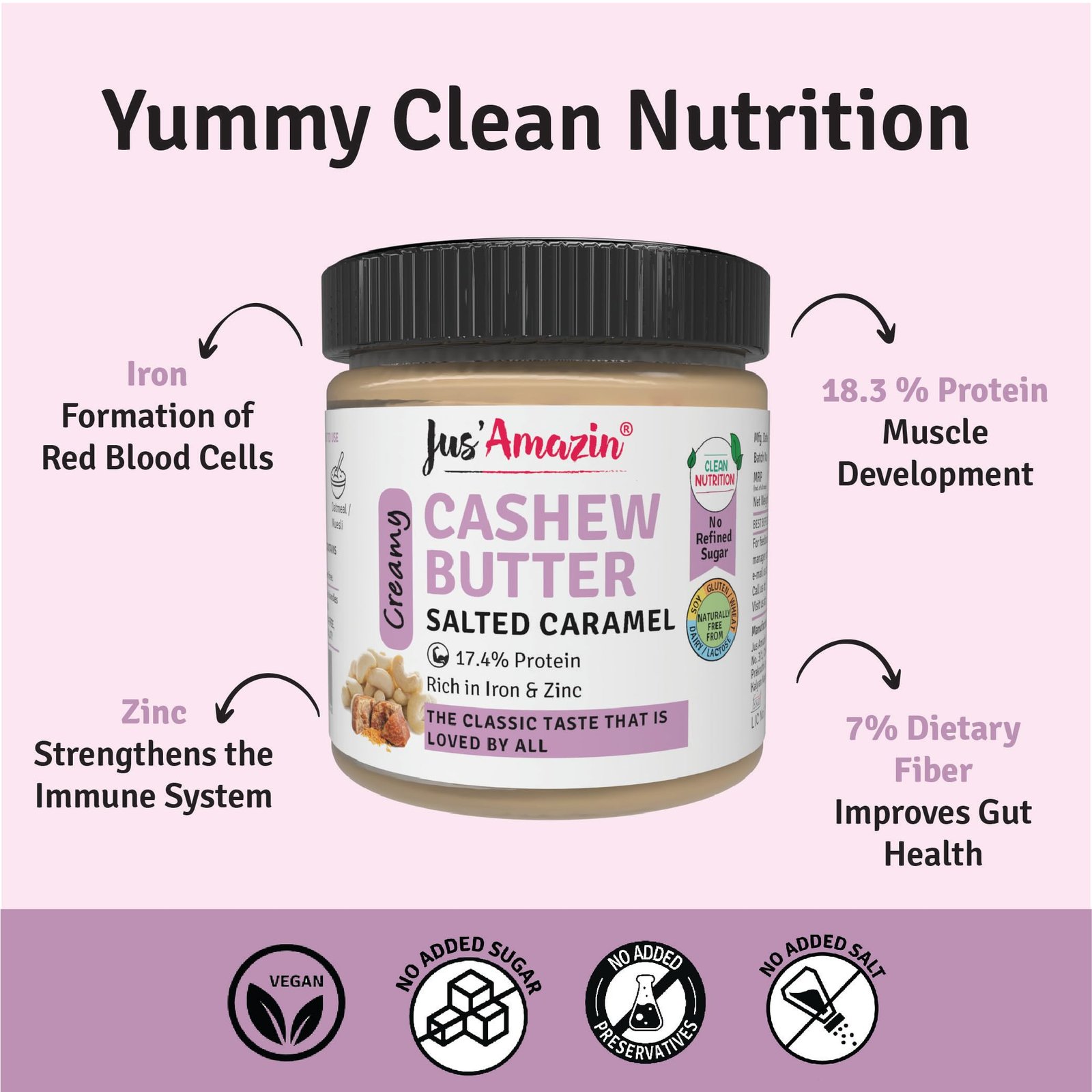 Jus' Amazin Creamy Cashew Butter – Salted Caramel (200g) | 17% Protein | Plant Based Nutrition | Zero Chemicals | Dairy Free | 100% Natural - Image 3