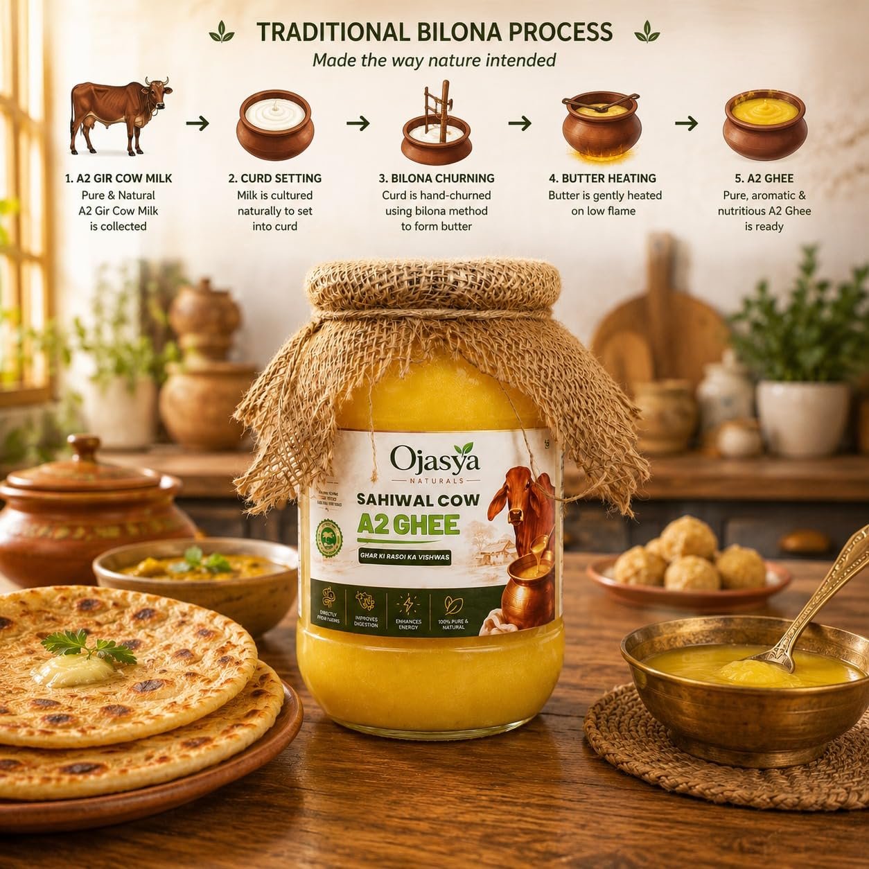 Pure A2 Sahiwal Cow Ghee (500ml) | Pure Desi Cow Ghee Made Using Traditional Bilona Method | Certified & Lab Tested Premium Indian Ghee for Cooking | Pooja & Daily Use | Ojasya Naturals - Image 6