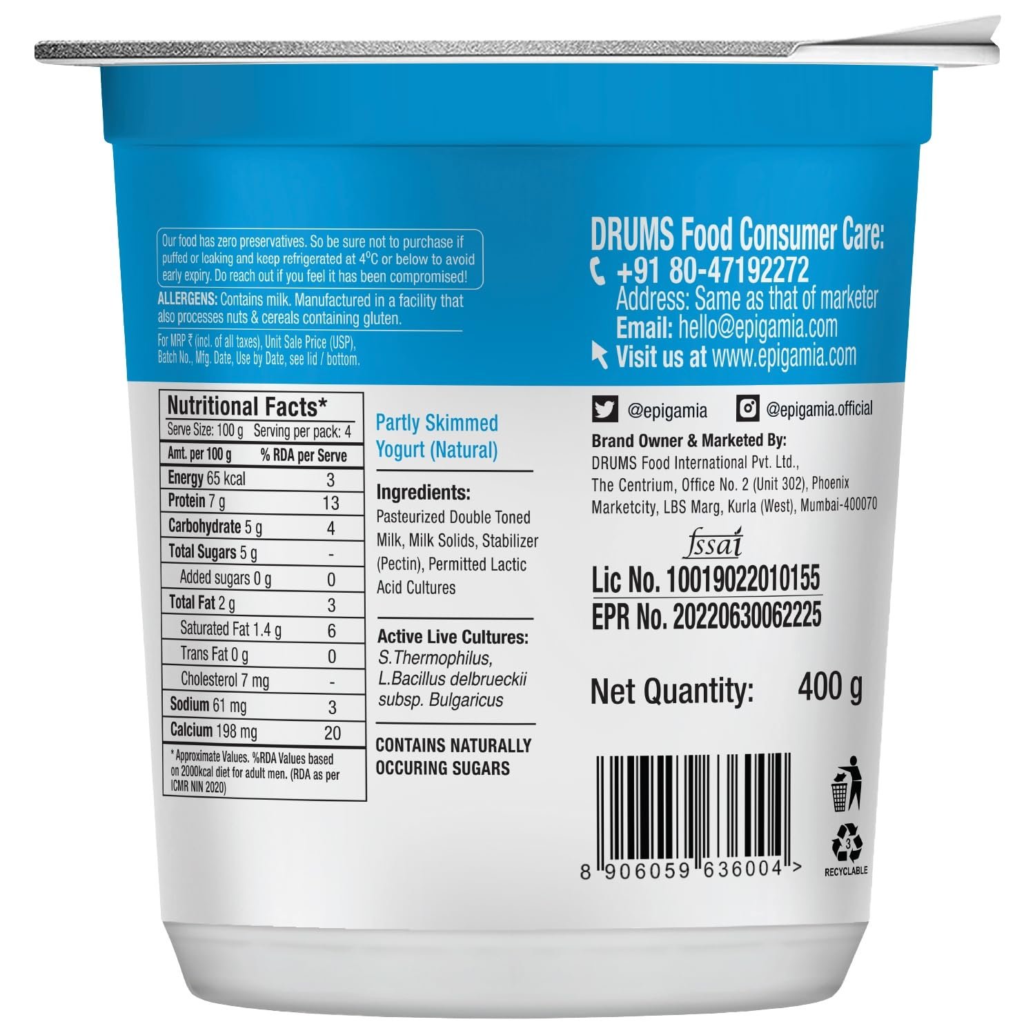 Epigamia Natural Greek Yogurt, 400 g |Zero Added Sugar | Zero Preservatives | Low Fat, high Protein - Image 2