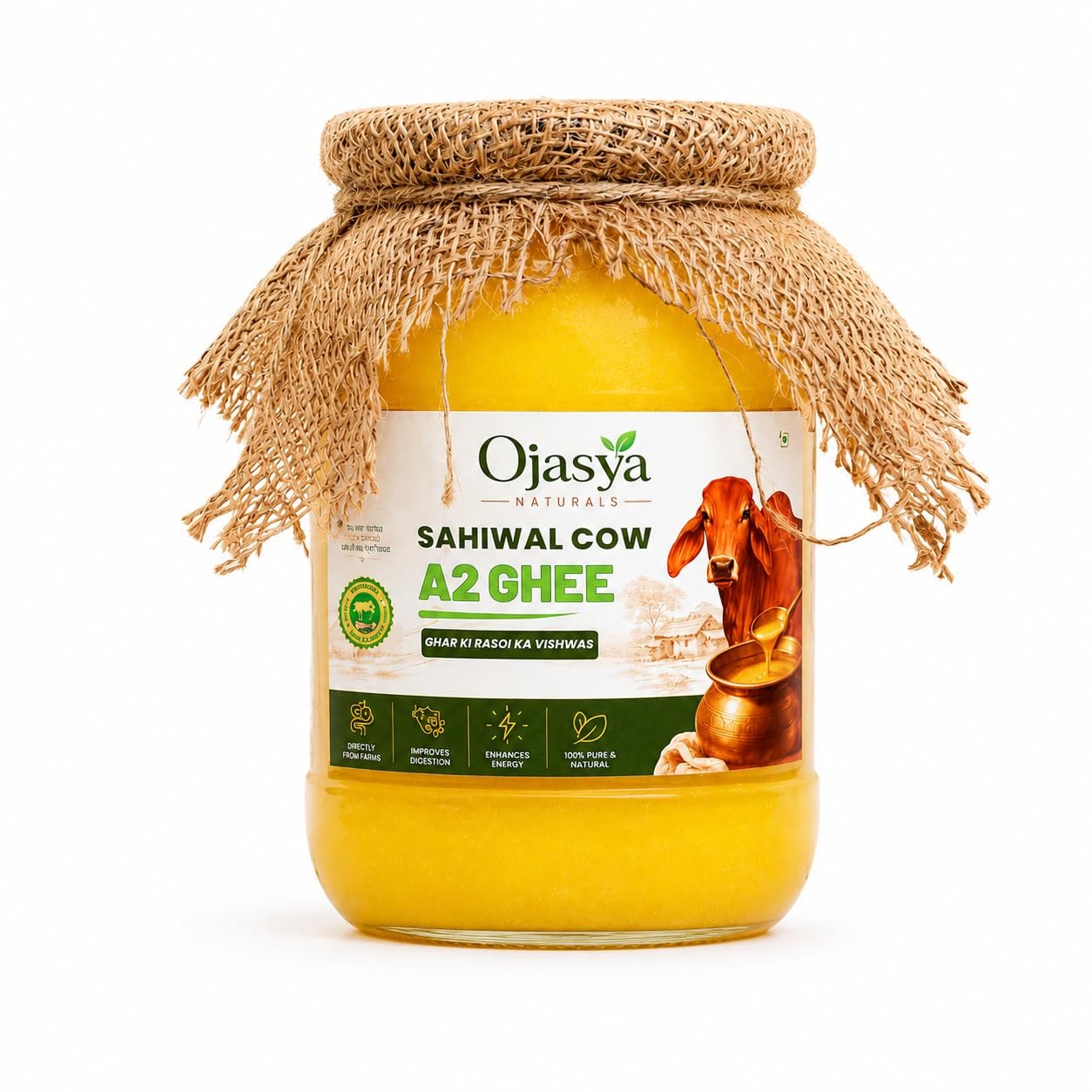 Pure A2 Sahiwal Cow Ghee (500ml) | Pure Desi Cow Ghee Made Using Traditional Bilona Method | Certified & Lab Tested Premium Indian Ghee for Cooking | Pooja & Daily Use | Ojasya Naturals