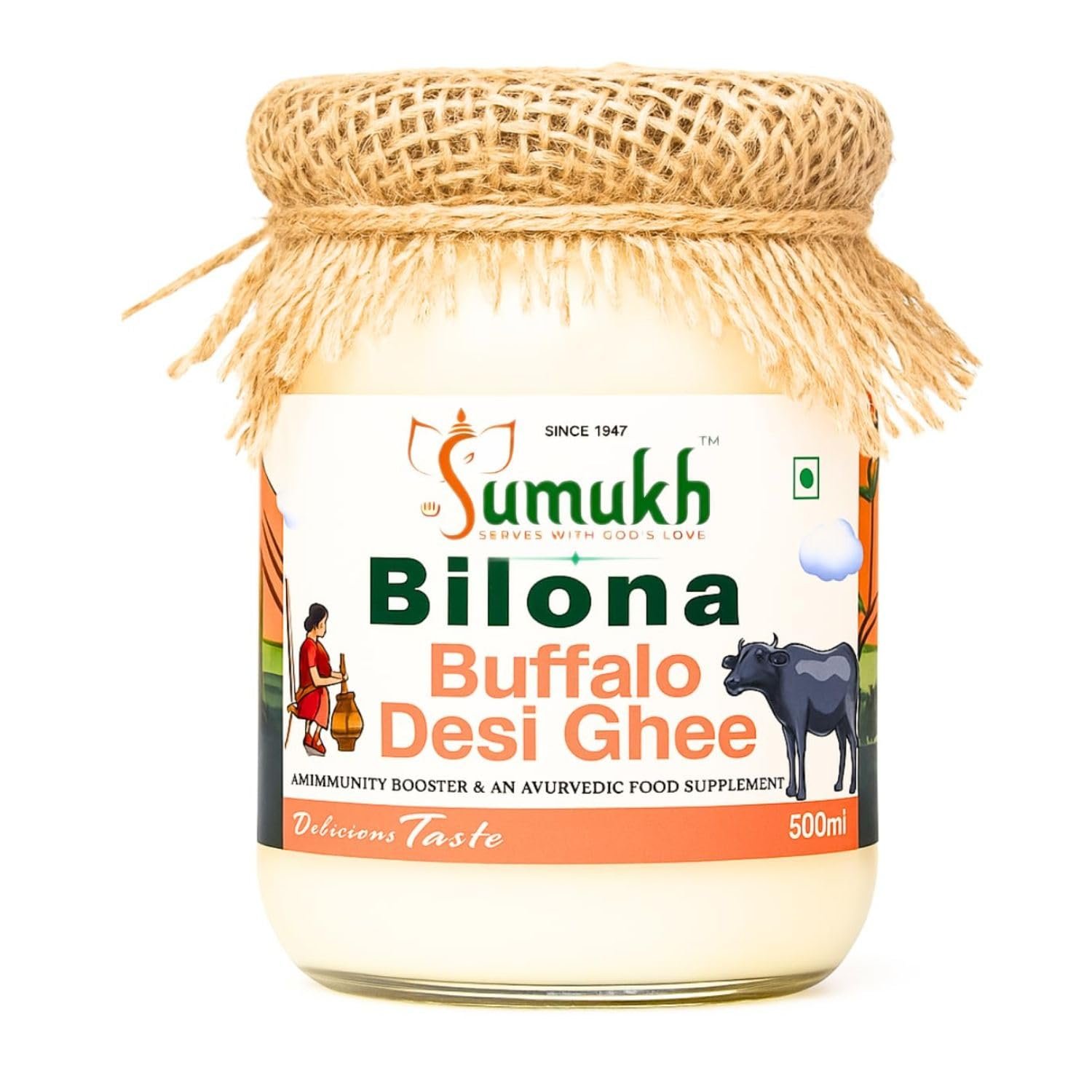 Sumukh Buffalo Ghee (500ml) | Traditional Bilona Method | Buffalo ghee | Grass fed Buffalo | Bilona Ghee | 100% Pure and Chemical Free(White) 500ml packaging