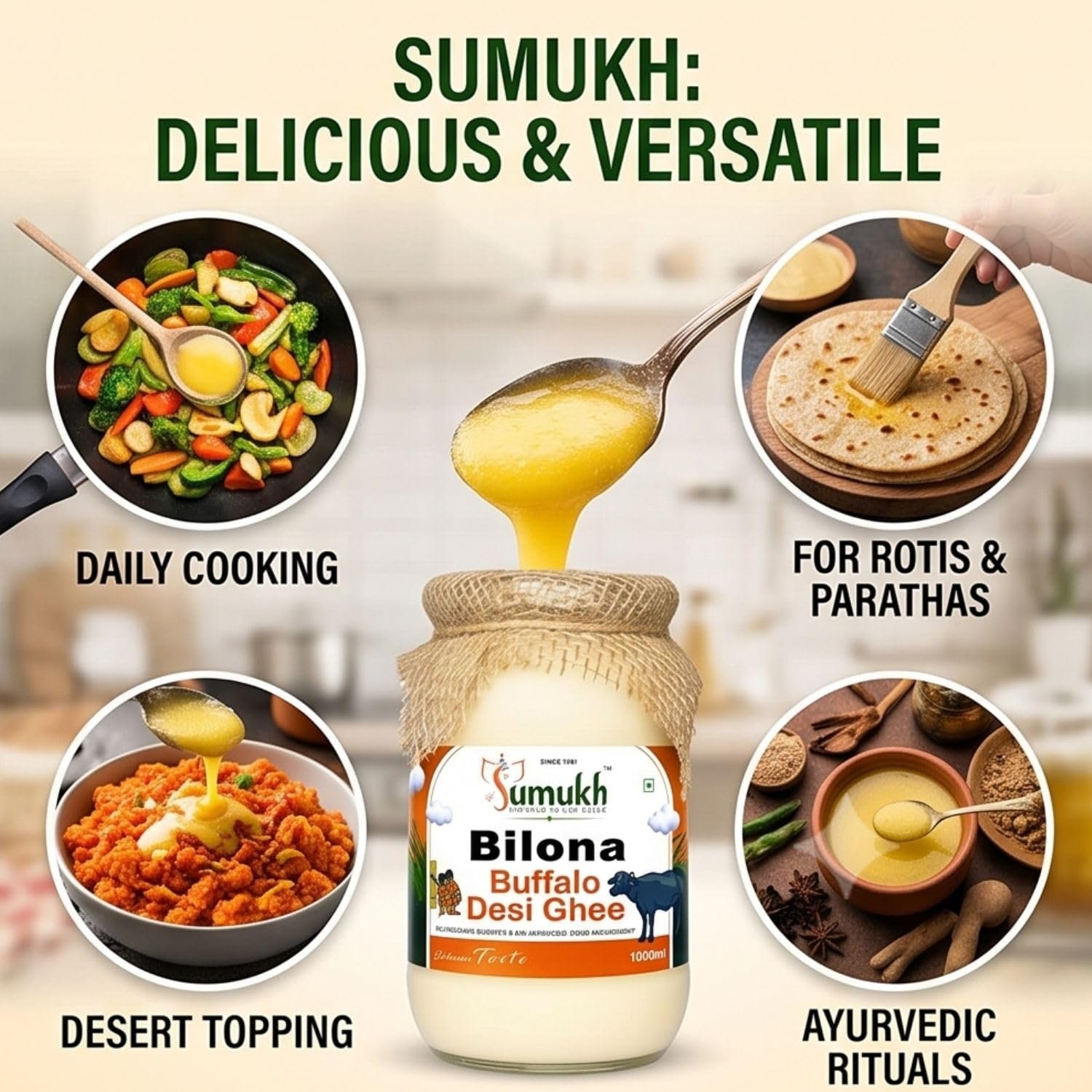 Sumukh Buffalo Ghee (500ml) | Traditional Bilona Method | Buffalo ghee | Grass fed Buffalo | Bilona Ghee | 100% Pure and Chemical Free(White) 500ml packaging - Image 5