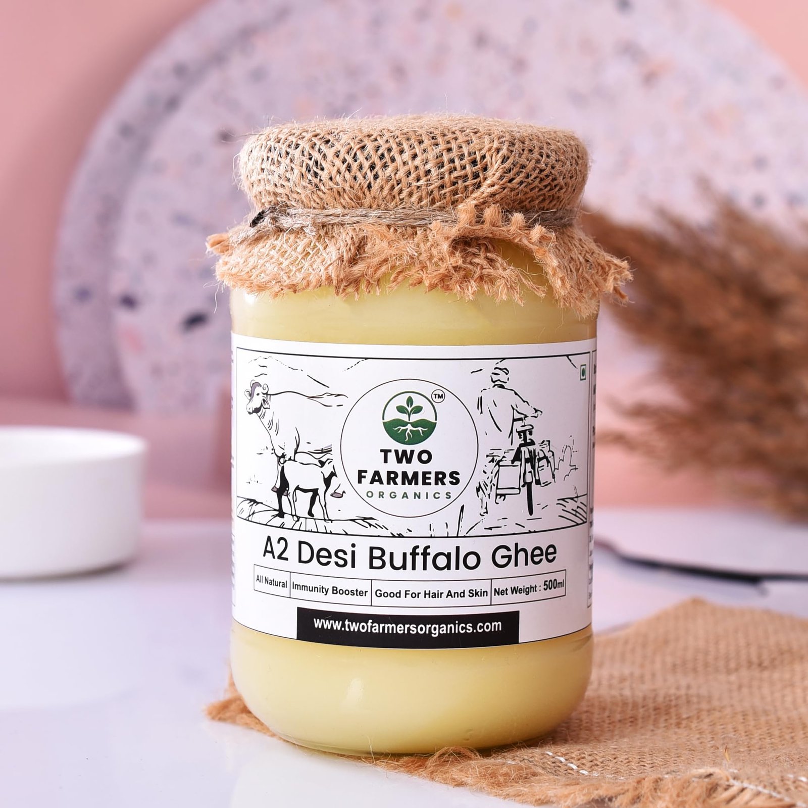 Two Farmers Organics A2 Buffalo Ghee | Bilona Method | 100% Natural & Preservative-Free | Rich in Calcium & Omega-3 | Desi Ghee for Cooking, Ayurveda & Wellness –500 ml Glass Jar - Image 8