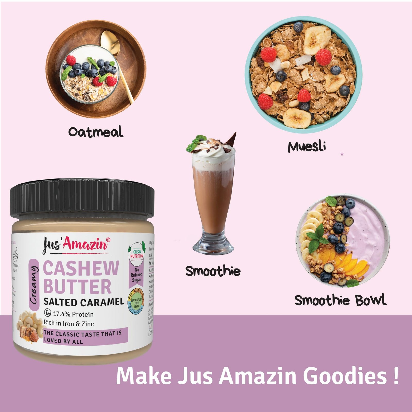 Jus' Amazin Creamy Cashew Butter – Salted Caramel (200g) | 17% Protein | Plant Based Nutrition | Zero Chemicals | Dairy Free | 100% Natural - Image 5