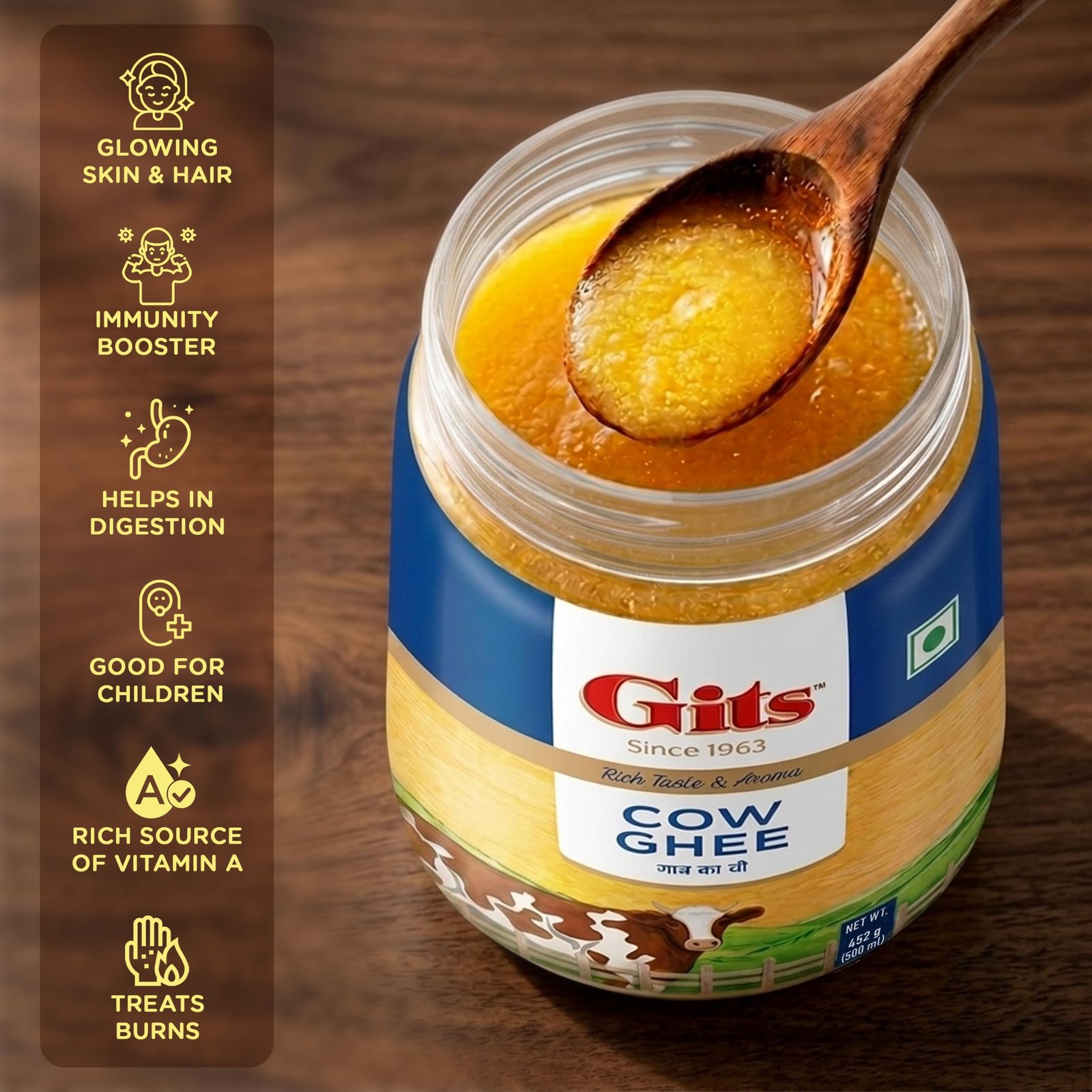 Gits Cow Ghee 500ml Jar, Pure Desi Ghee, No Preservatives - Image 5