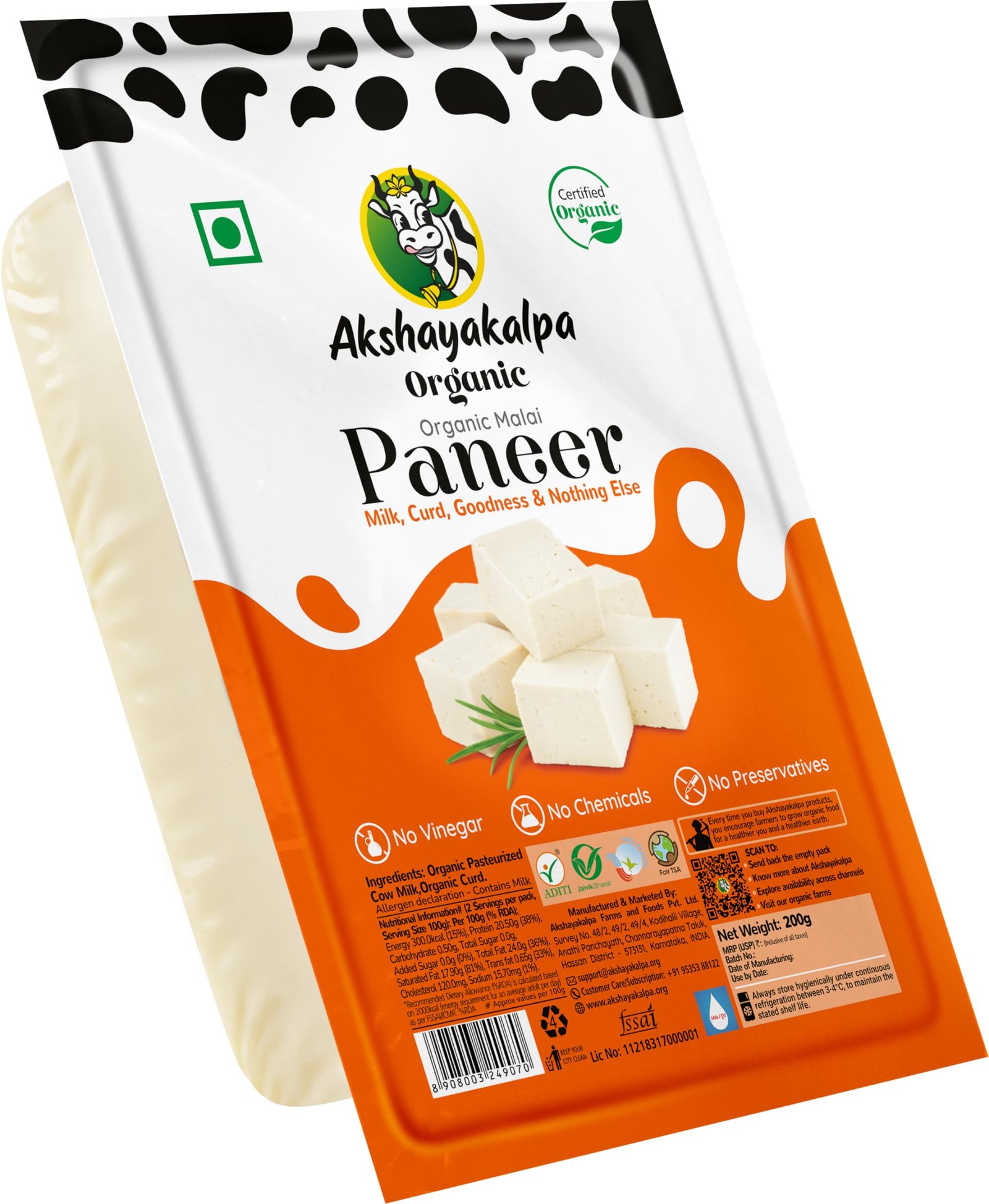 Akshayakalpa Organic Handcrafted Malai Paneer, 200 gm
