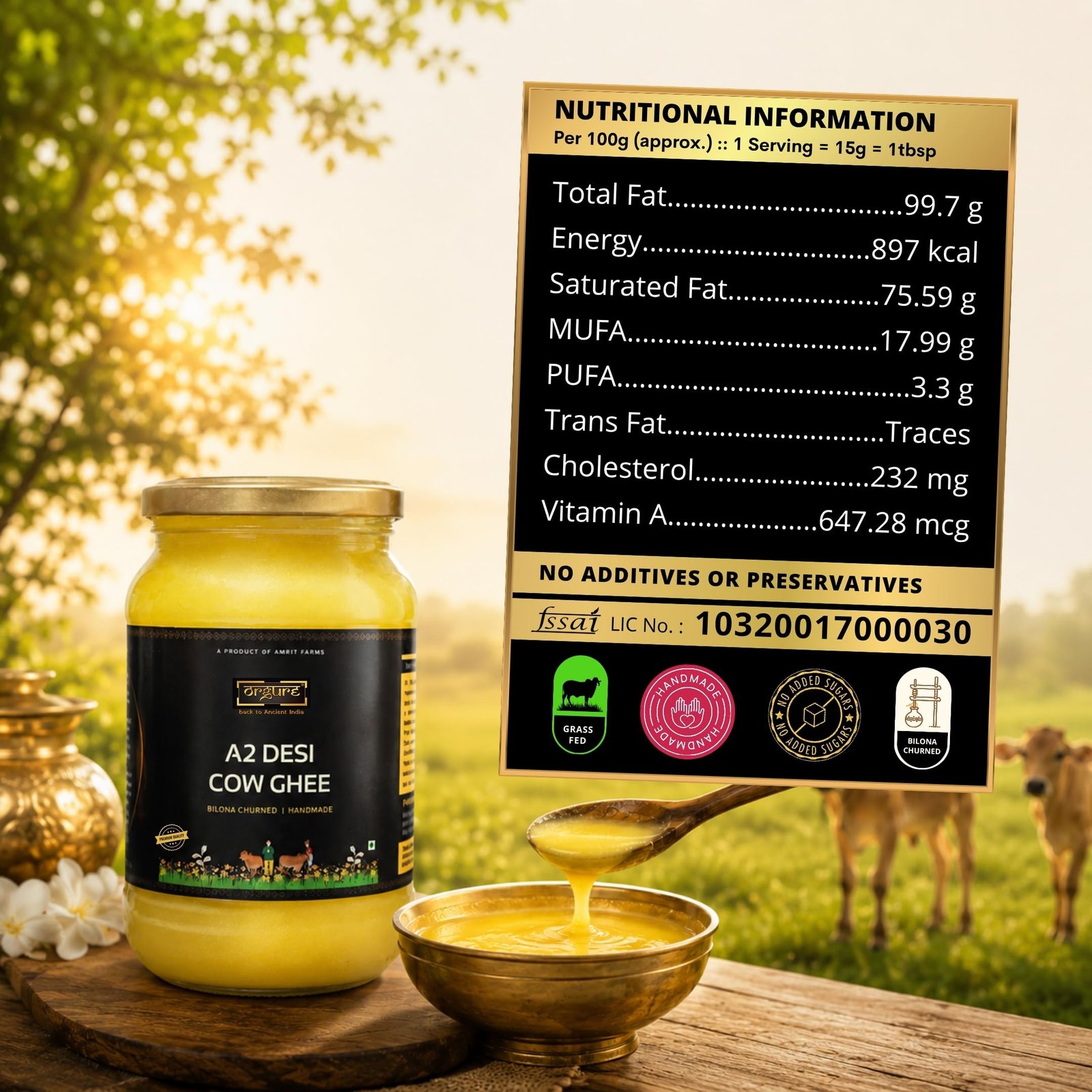 ORGURE A2 Desi Cow Ghee – Bilona Hand-Churned | Grass-Fed & Natural | No Preservatives | Non-GMO | Lab Tested | Immunity & Digestion Support | MSME Award Winner | 500ml Glass Jar - Image 3
