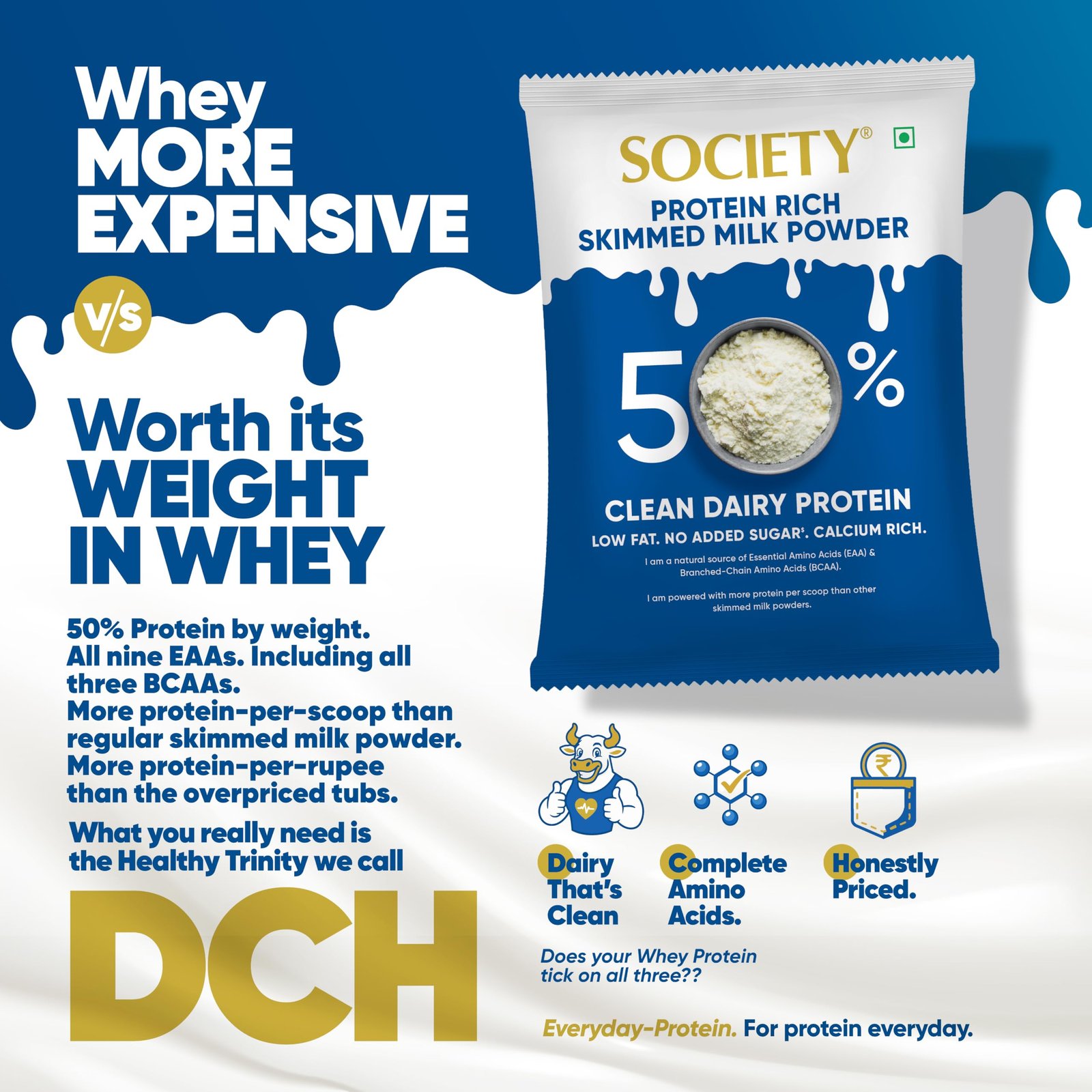 Society Protein Rich Skimmed Milk Powder, 50% Protein – 10g Protein per Serving | Clean Dairy Protein with All 9 EAAs & including all 3 BCAAs | No Added Sugar, Low Fat | Whey Alternative | Veg | 250g - Image 5
