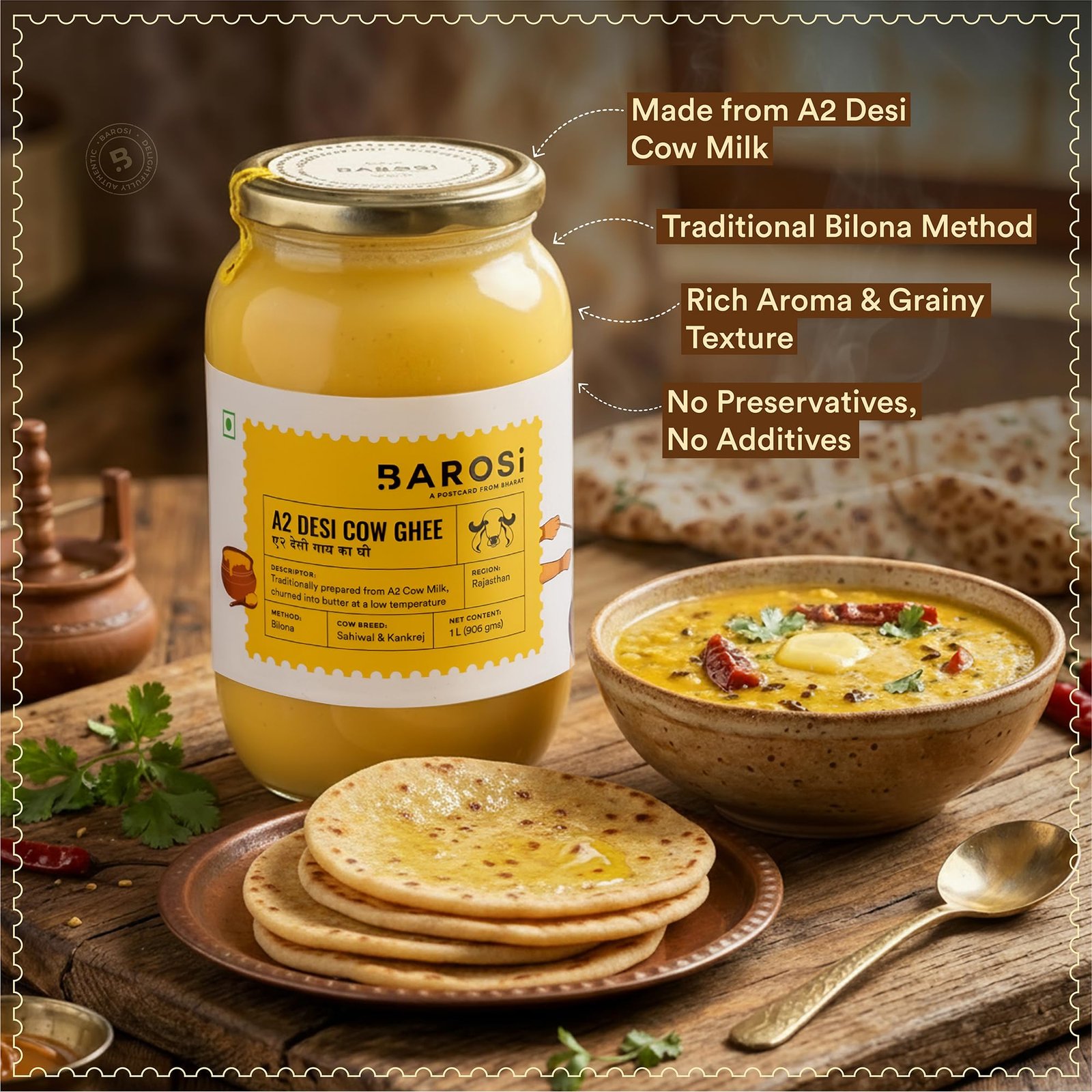 BAROSI A2 Desi Cow Ghee 1L | Lab Tested | Grass-Fed | Bilona | Glass Jar - Image 3