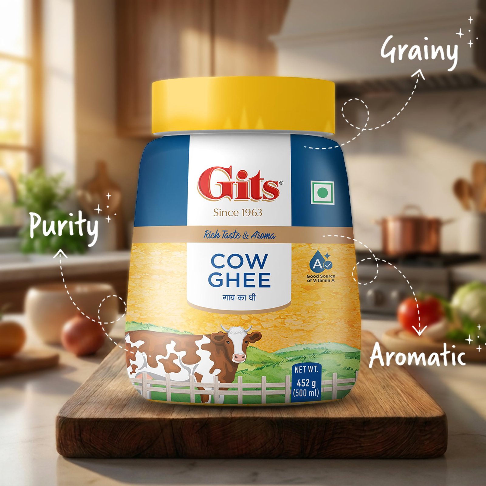 Gits Cow Ghee 500ml Jar, Pure Desi Ghee, No Preservatives - Image 2