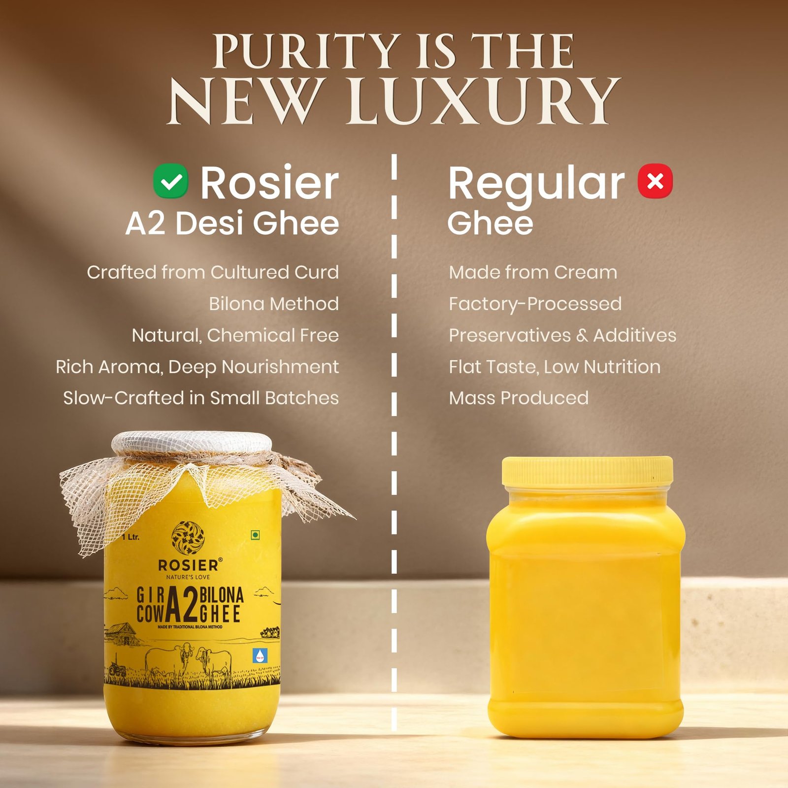 ROSIER A2 Gir Cow Ghee (1 litre) | Traditional Bilona Method A2 Gir Cow Ghee | Grassfed, Pure and Healthy Desi Cow Ghee (Glass Bottle - 1000 ML) - Image 3